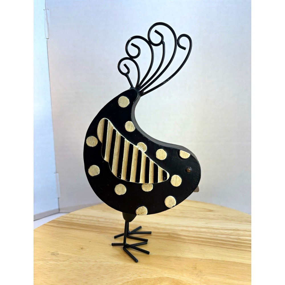 Black Resin Bird Figurine Chicken Rooster Wire Legs Polka Dots 11in Decor